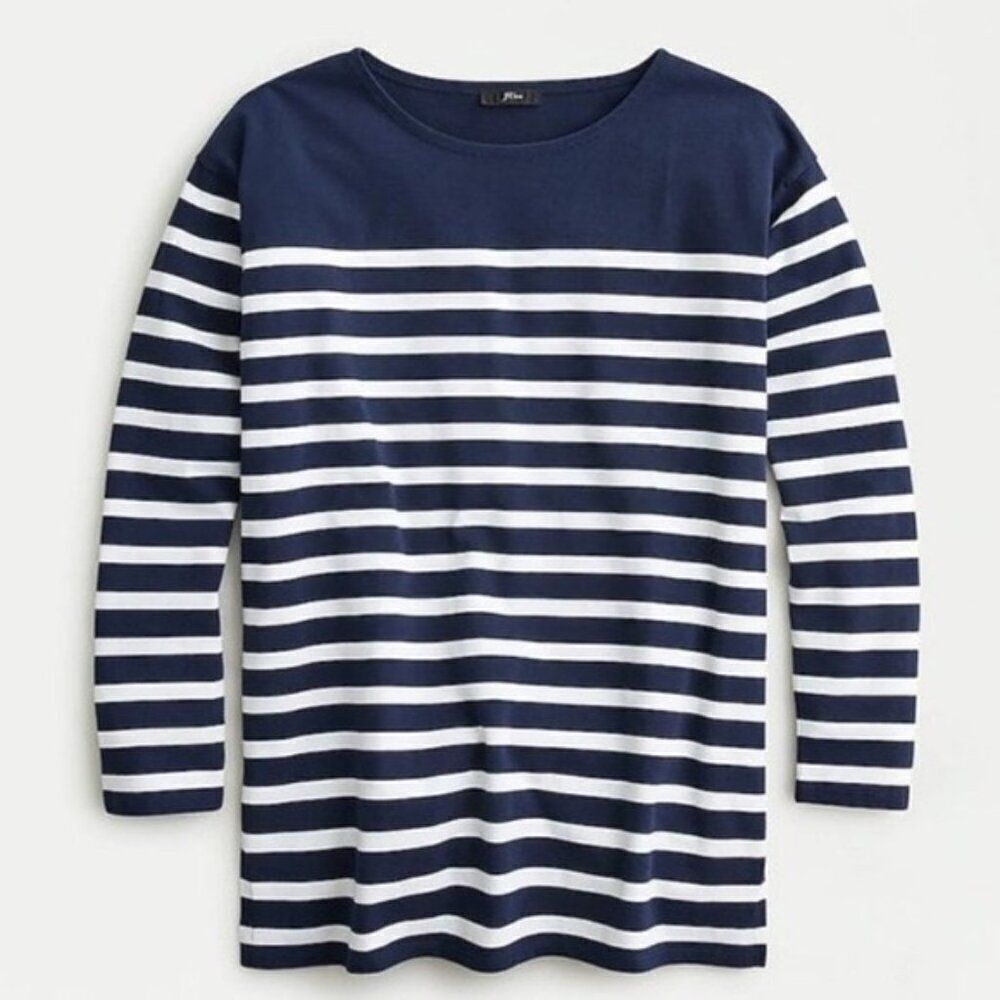 J. Crew Navy Blue White Striped Long Sleeve Boatneck Tunic 100% Cotton Top XS